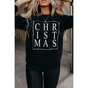 Azura Exchange  Black CHRISTMAS Glitter Print Crew Neck Sweatshirt